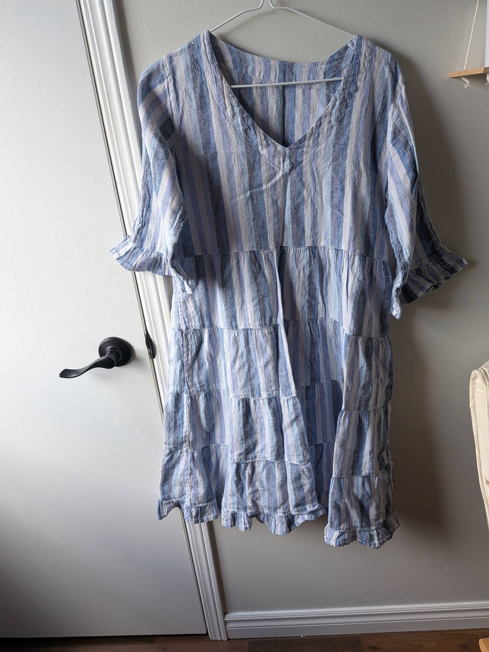 Light Blue Striped 100% Cotton  V-Neck Tiered Women's Dress